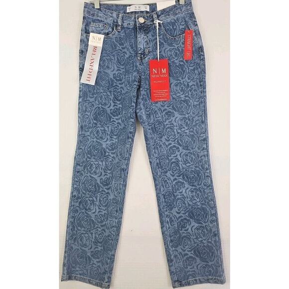New Max~Woman Size 6~Blue Denim Floral Print High Rise Straight Leg Jean Stretch - Picture 8 of 16